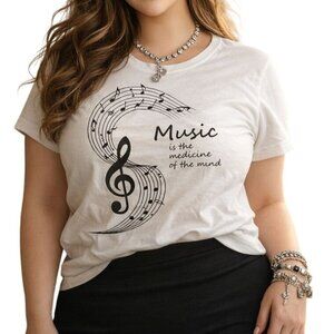 Music Shirt Womens 2XL White Treble Clef Quote Music is the Medicine of Mind Tee